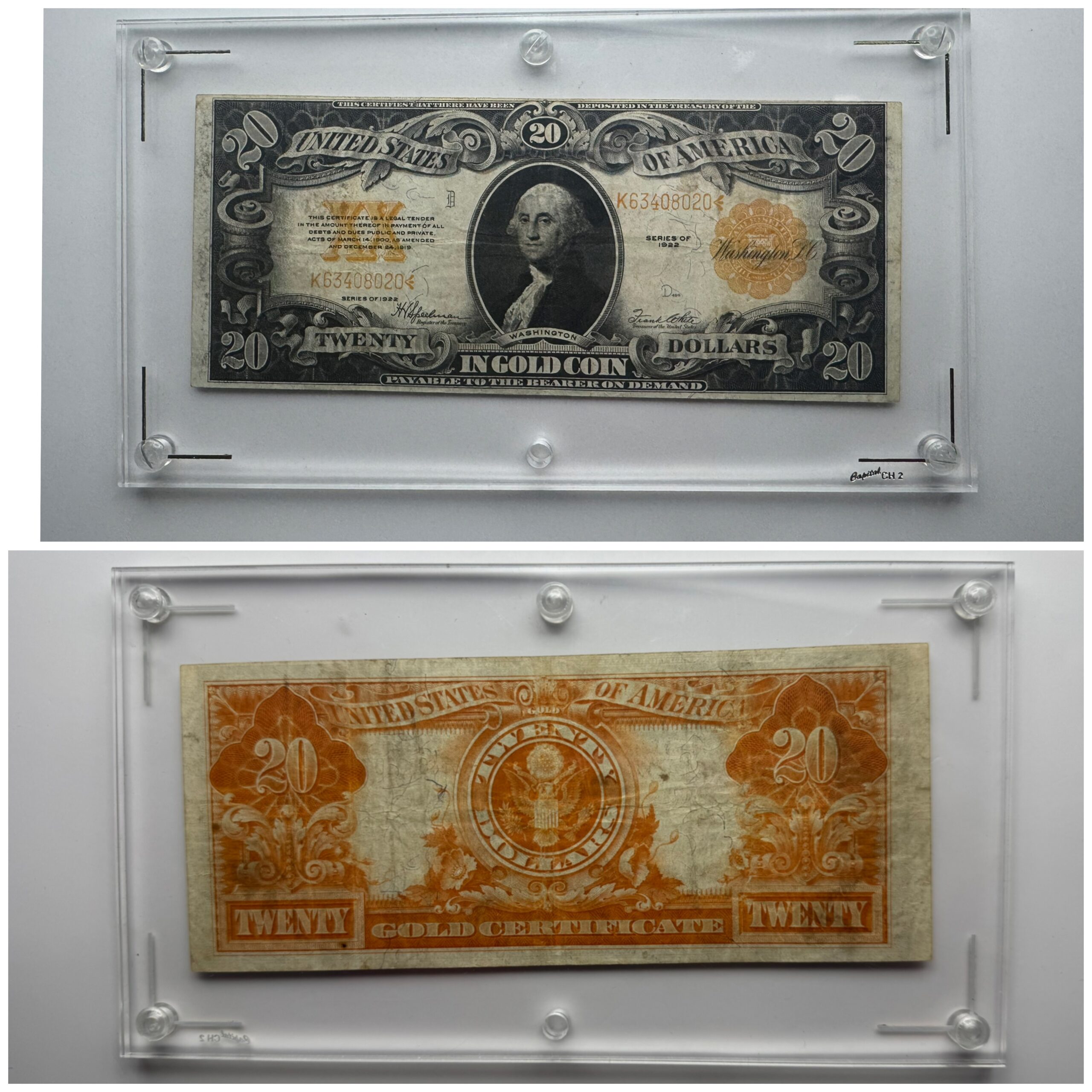 1922 $20 US Gold Certificate FR 1187 Large Currency