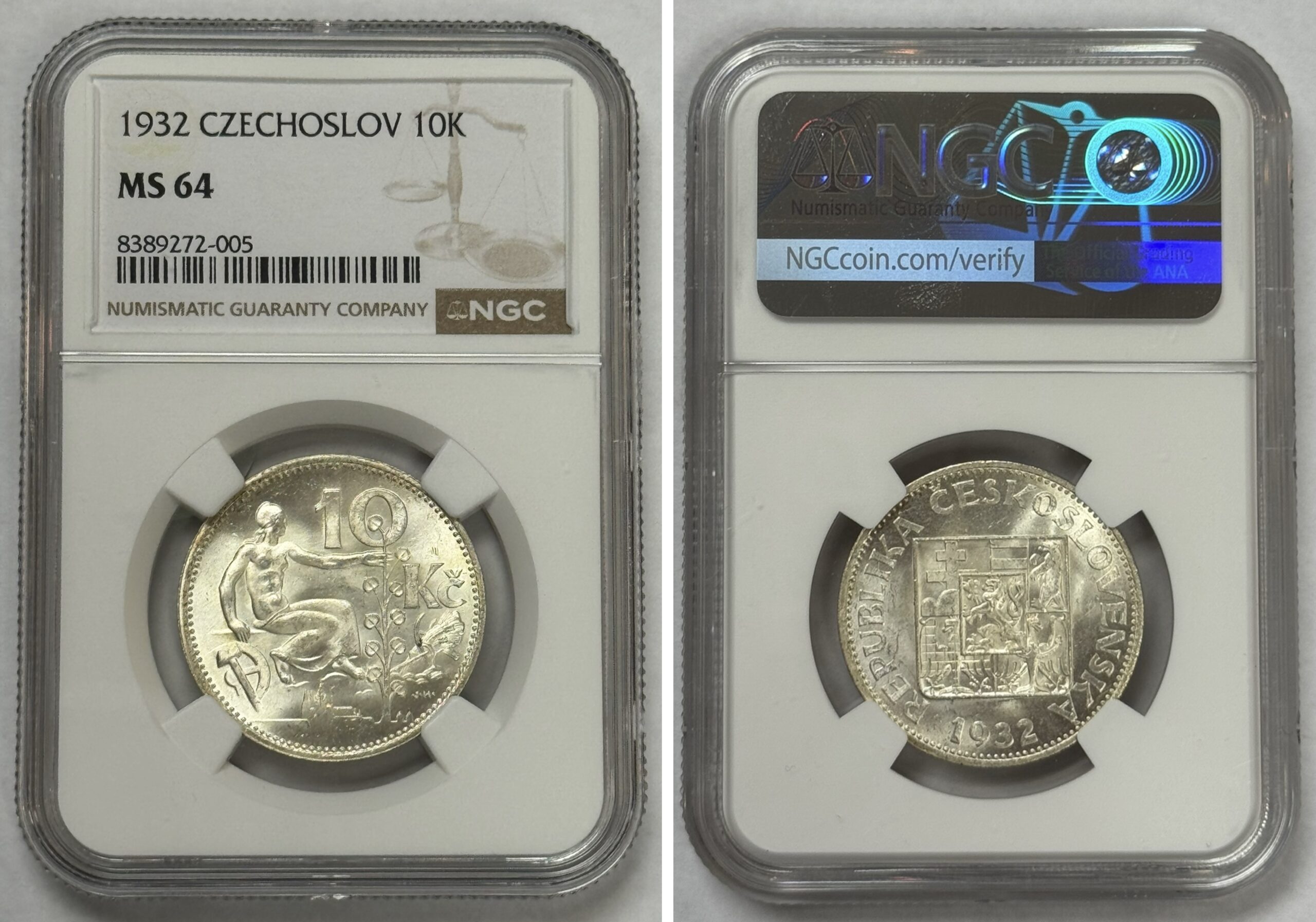 1932 Czechoslovakia 10 Korun NGC MS64