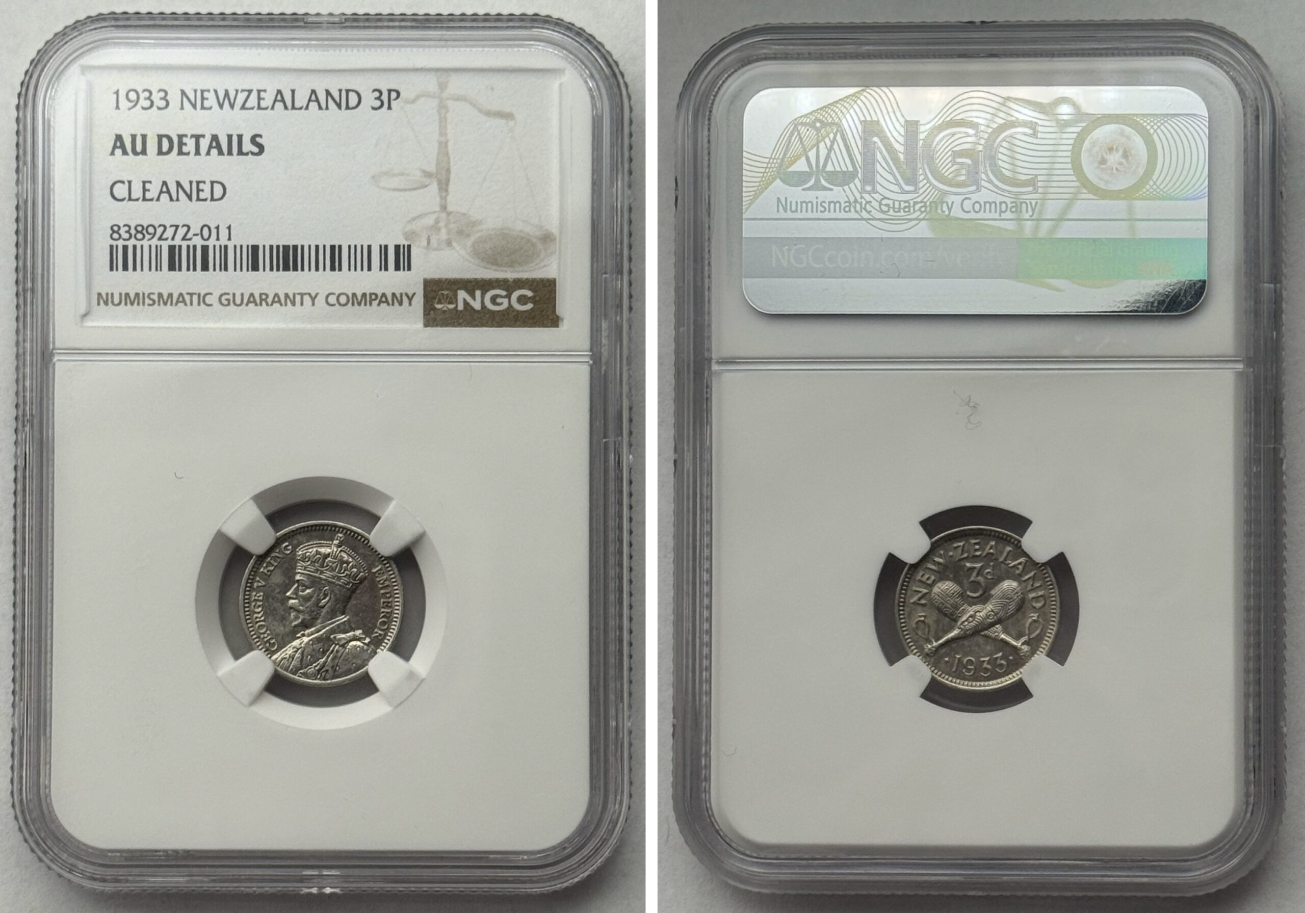 1933 New Zealand 3 Pence NGC AU Details