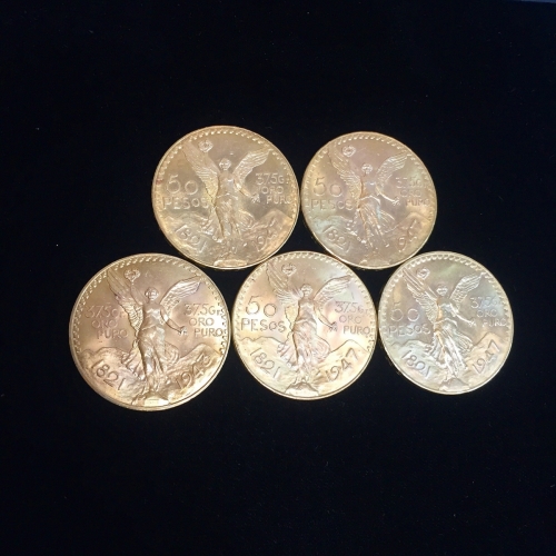 Five Mexico 50 Peso Gold Bullion Coins
