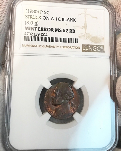 1980 Jefferson Nickel Struck On A One Cent Blank NGC Certified Mint Error Coin