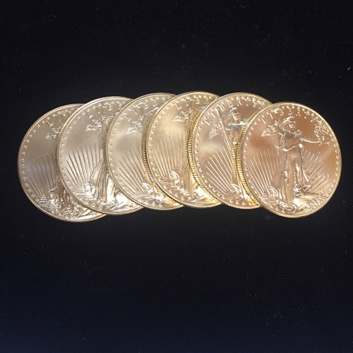 Six 1 oz American Gold Eagle Bullion Coins Stacking